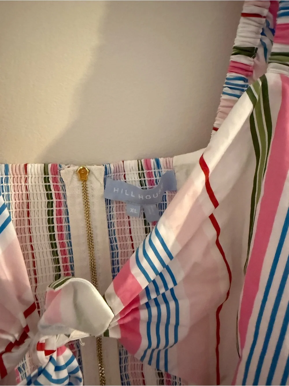 Hill House Striped Tie-Front Puff Sleeve Top in Pink, Blue, Green - Size XL